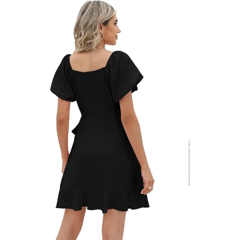 Women's Square Neck Puff Sleeve Summer Dress – Tie Waist Ruffle Hem Mini Dress for Casual, Vacation & Beach