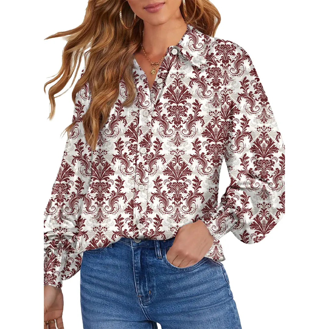 Women's Floral Chiffon Button Down Blouse – V Neck Long Sleeve Casual Boho Shirt