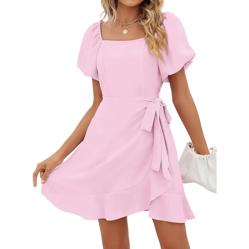 Women's Square Neck Puff Sleeve Summer Dress – Tie Waist Ruffle Hem Mini Dress for Casual, Vacation & Beach