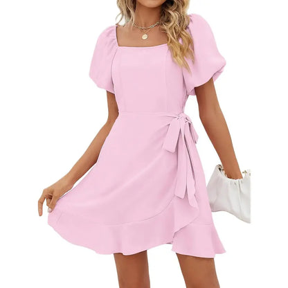 Women's Square Neck Puff Sleeve Summer Dress – Tie Waist Ruffle Hem Mini Dress for Casual, Vacation & Beach