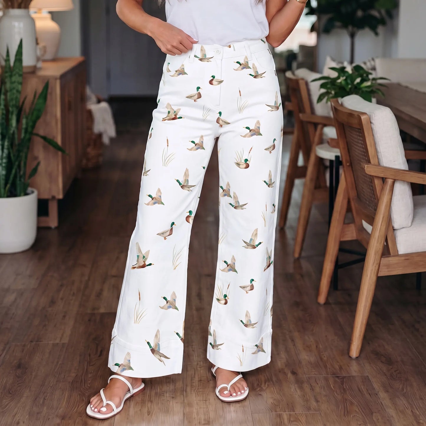 Women's Wide-Leg Jeans with Mallard Duck Print