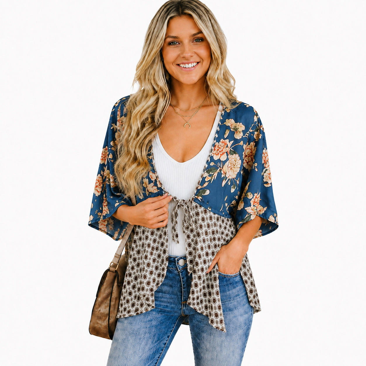 🔥5K+SOLD! | Women's Floral Kimono Cardigan 🌸 Flowy 3/4 Sleeve Tie Front Beach Cover Up Top