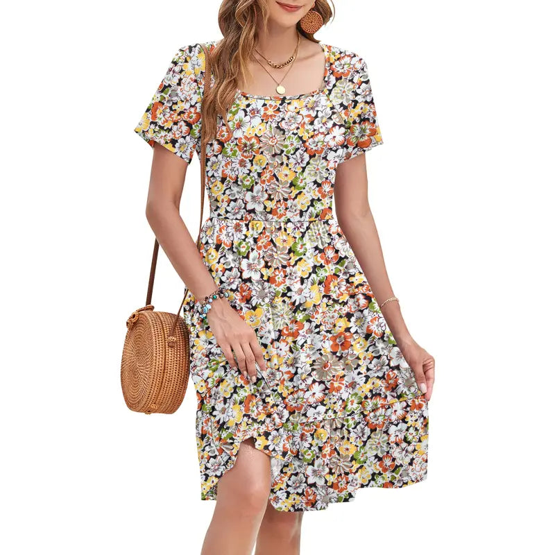 🔥Women Square Neck Floral Dress Ruffle Empire Waist A-Line Sundress with Pockets