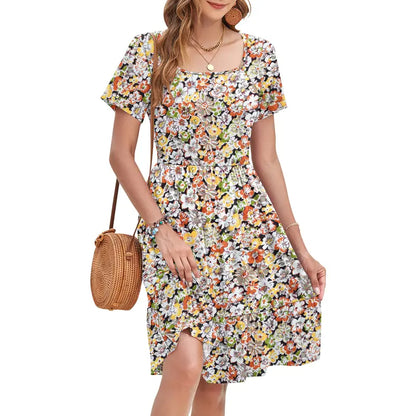 🔥Women Square Neck Floral Dress Ruffle Empire Waist A-Line Sundress with Pockets