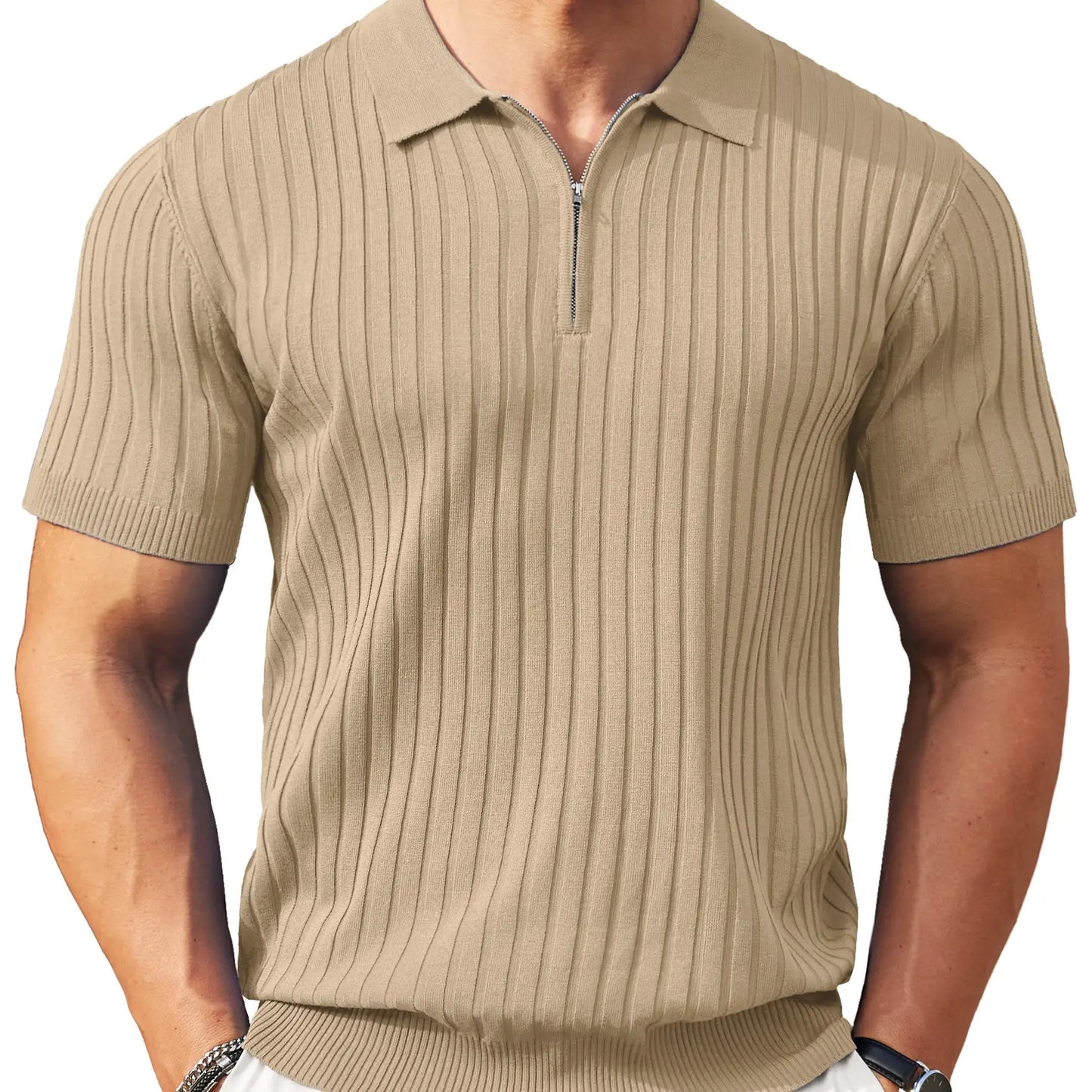 8.1K+ SOLD! |Men's Ribbed Knit 1/4 Zip Polo Shirt – Short Sleeve Casual Golf Sweater Polo for Business Casual, Travel & Everyday Wear