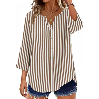 Women's V-Neck Button-Down Blouse, 3/4 Sleeve Loose Fit Business Casual Top