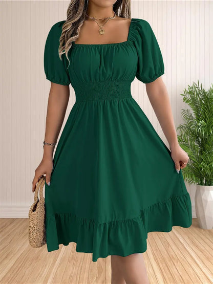 Solid Color Shirred Puff Sleeve A-Line Dress – Square Neck Ruffle Hem Summer Midi Dress for Women