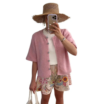 Women's Short Sleeve Knit Cardigan - Crew Neck Button Down Lightweight Ribbed Summer Layering Top