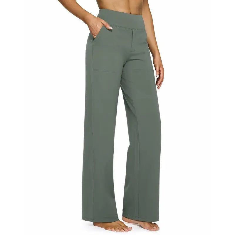 Women's High-Waisted Wide-Leg Pants with Pockets – Soft Stretch Business Casual Yoga Pants