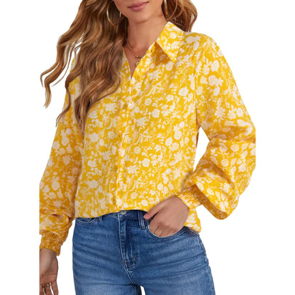 Women's Floral Chiffon Button Down Blouse – V Neck Long Sleeve Casual Boho Shirt