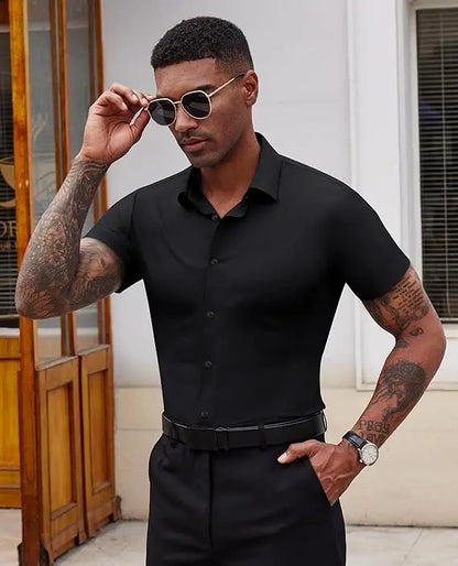 Men's Stretch Short Sleeve Dress Shirt | Slim Fit Business Casual Button Down