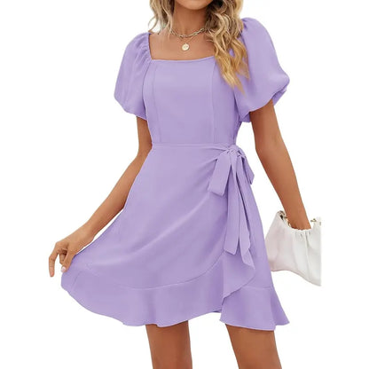 Women's Square Neck Puff Sleeve Summer Dress – Tie Waist Ruffle Hem Mini Dress for Casual, Vacation & Beach