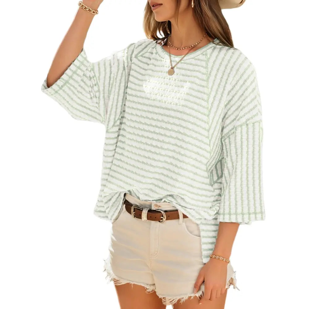 Women's Oversized Striped Color Block Tee – Soft Summer Short Sleeve Casual Top