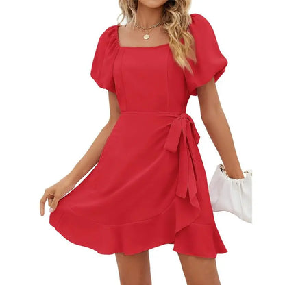 Women's Square Neck Puff Sleeve Summer Dress – Tie Waist Ruffle Hem Mini Dress for Casual, Vacation & Beach