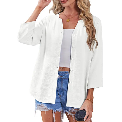 Women's V-Neck Button-Down Blouse, 3/4 Sleeve Loose Fit Business Casual Top