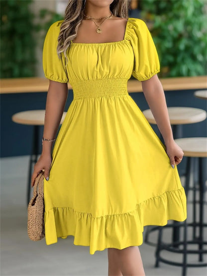 Solid Color Shirred Puff Sleeve A-Line Dress – Square Neck Ruffle Hem Summer Midi Dress for Women