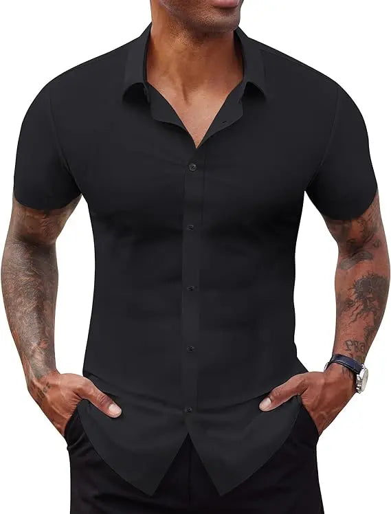 Men's Stretch Short Sleeve Dress Shirt | Slim Fit Business Casual Button Down