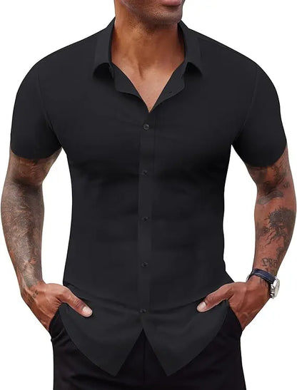 Men's Stretch Short Sleeve Dress Shirt | Slim Fit Business Casual Button Down