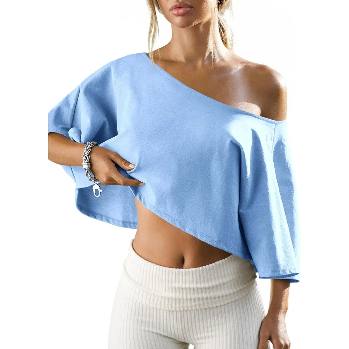 Women's Cotton Off-Shoulder Crop Top – Loose Batwing Sleeve Asymmetrical Neck Casual Tee for Summer, Lounge & Everyday Wear