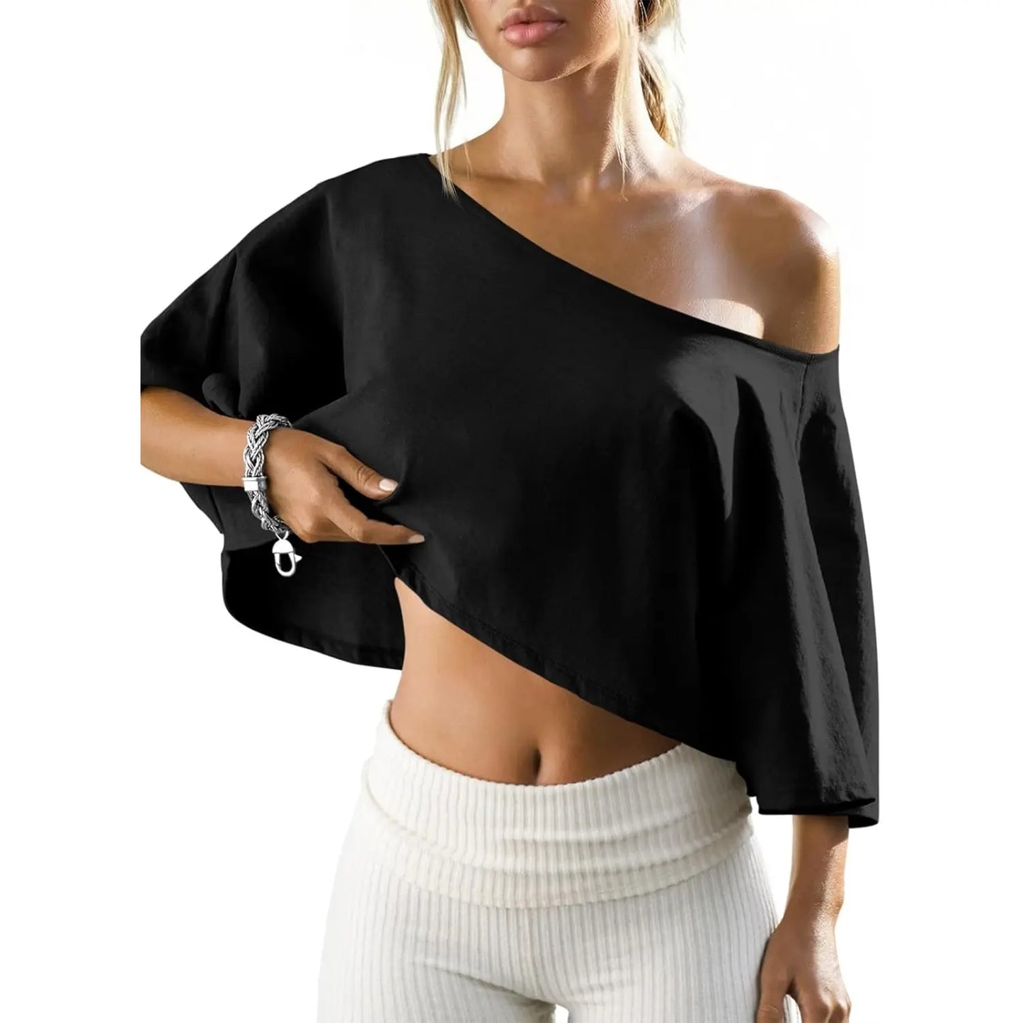 Women's Cotton Off-Shoulder Crop Top – Loose Batwing Sleeve Asymmetrical Neck Casual Tee for Summer, Lounge & Everyday Wear
