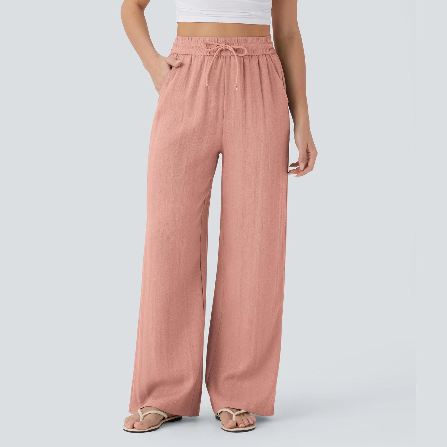 High Waisted Drawstring Pocket Wide Leg Baggy Casual Linen-Feel Pants