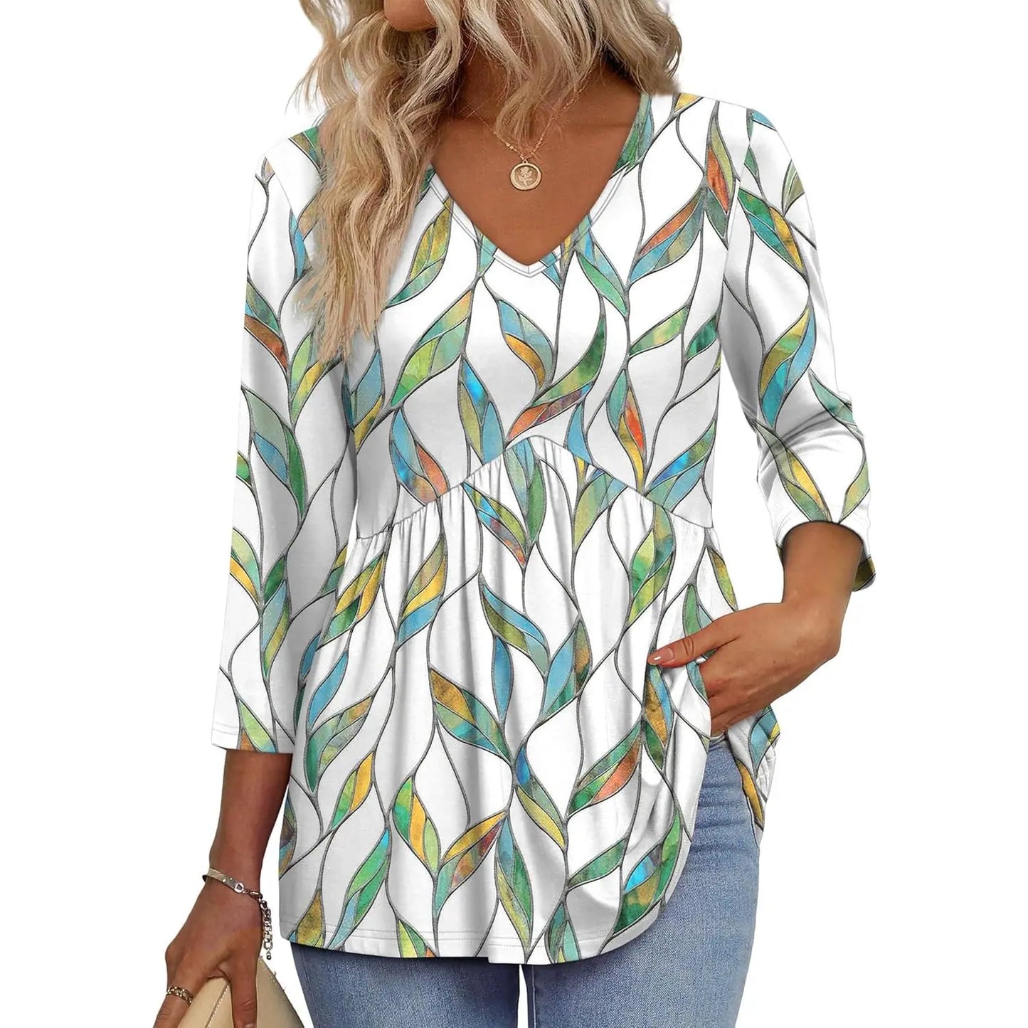 Women's V-Neck 3/4 Sleeve Tunic Top – Flowy Dressy Casual Blouse
