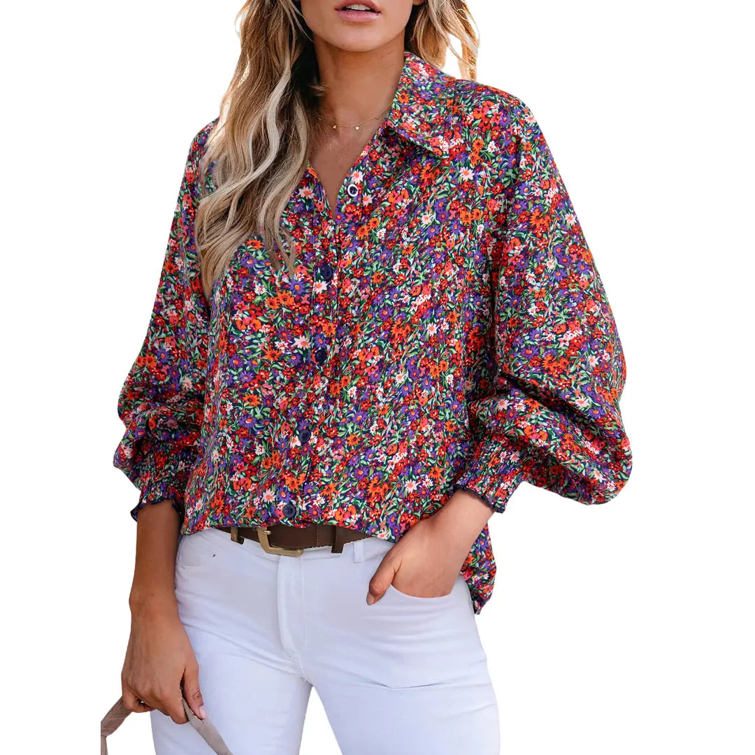 Women's Floral Chiffon Button Down Blouse – V Neck Long Sleeve Casual Boho Shirt
