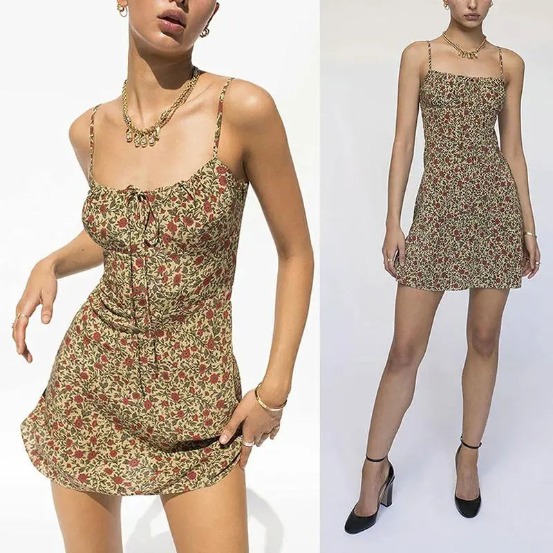 Women's Floral Slip Dress – Square Neck Spaghetti Strap Bodycon Sundress with Adjustable Straps, Tie Front, Y2K Summer Casual Dress