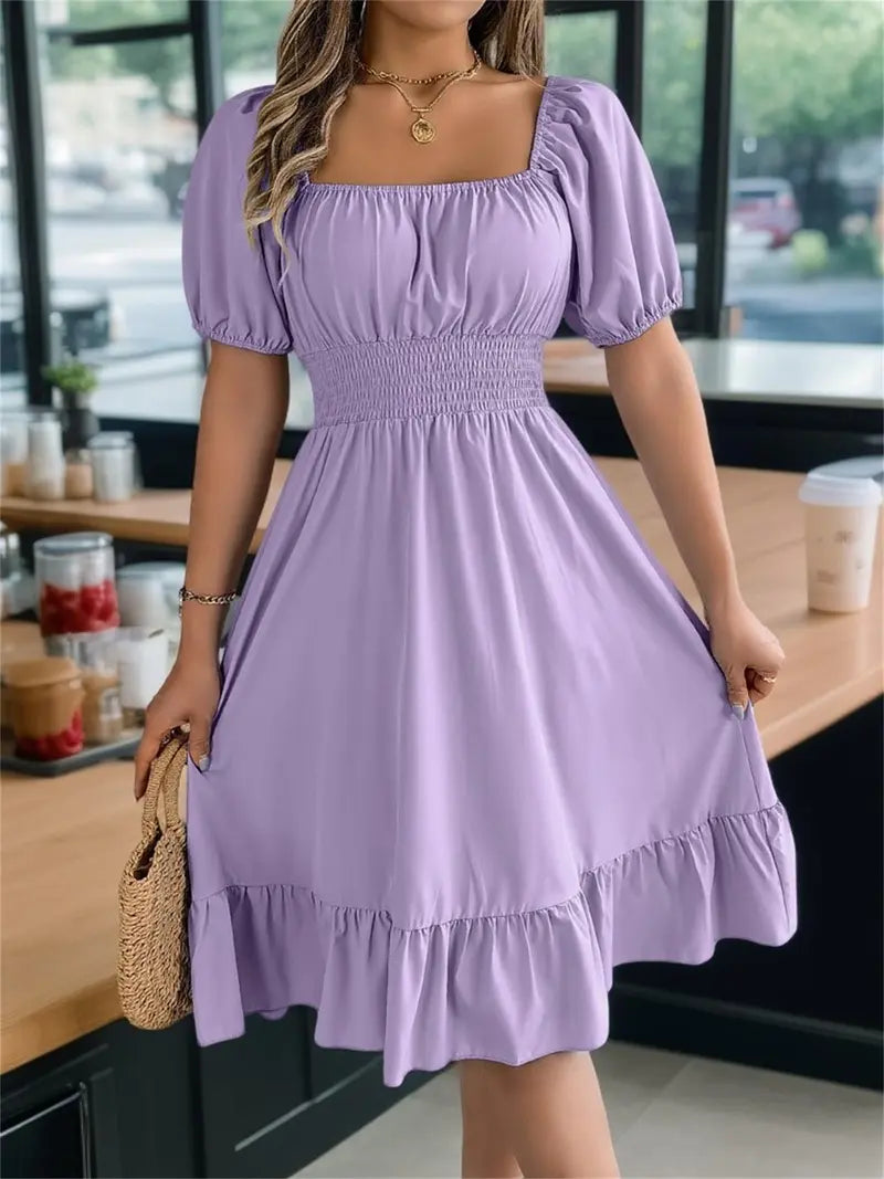 Solid Color Shirred Puff Sleeve A-Line Dress – Square Neck Ruffle Hem Summer Midi Dress for Women