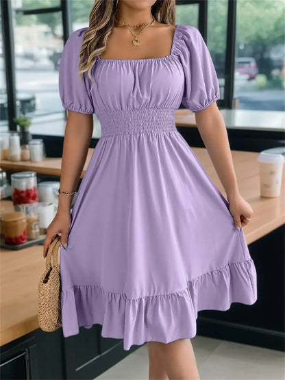 Solid Color Shirred Puff Sleeve A-Line Dress – Square Neck Ruffle Hem Summer Midi Dress for Women