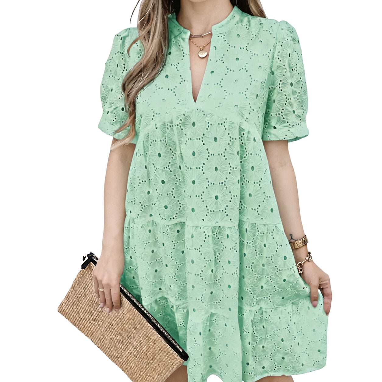 Women's Summer Lace Dresses Eyelet Casual Flowy Babydoll Swing Short Sleeve V Neck Tunic Dress