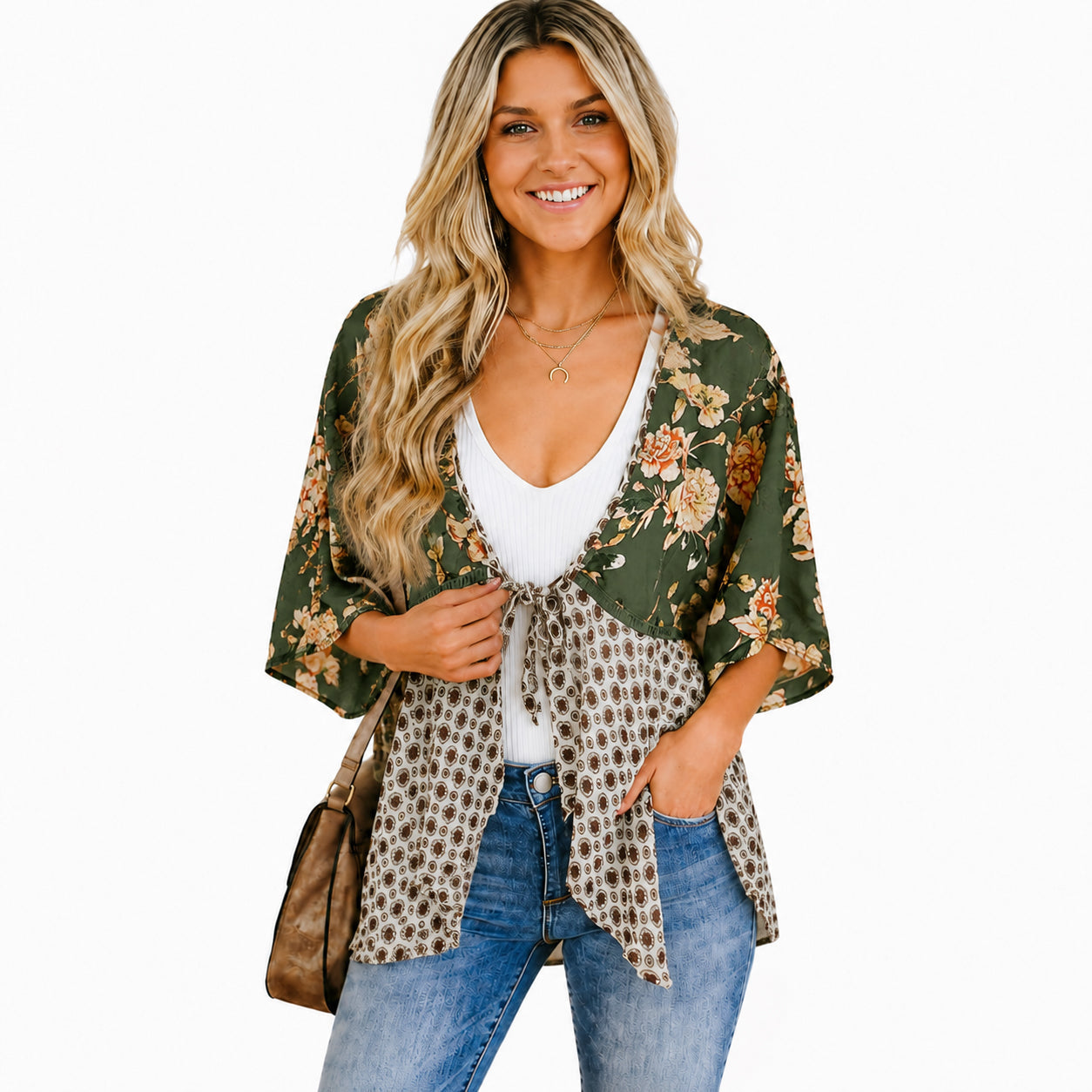 🔥5K+SOLD! | Women's Floral Kimono Cardigan 🌸 Flowy 3/4 Sleeve Tie Front Beach Cover Up Top