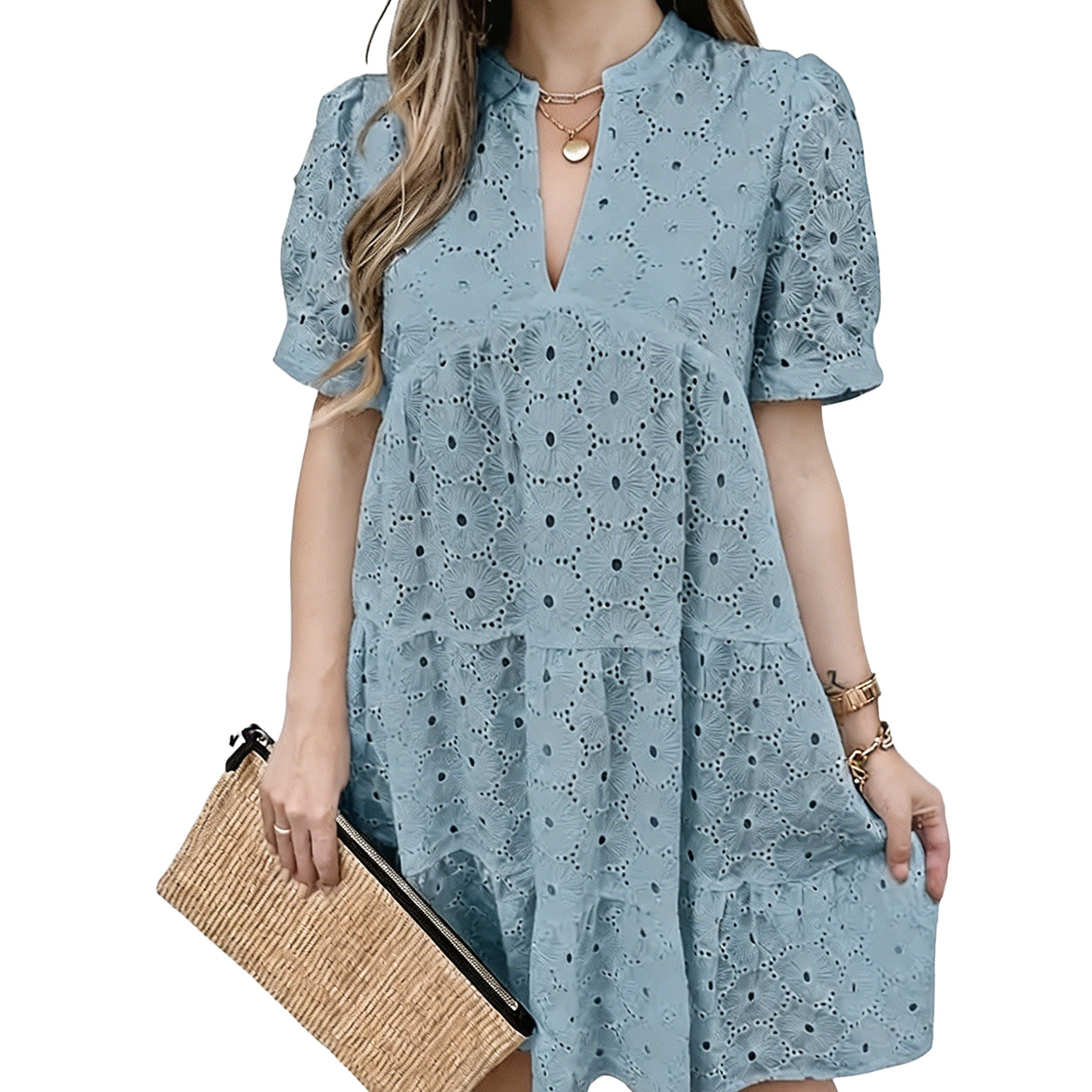 Women's Summer Lace Dresses Eyelet Casual Flowy Babydoll Swing Short Sleeve V Neck Tunic Dress