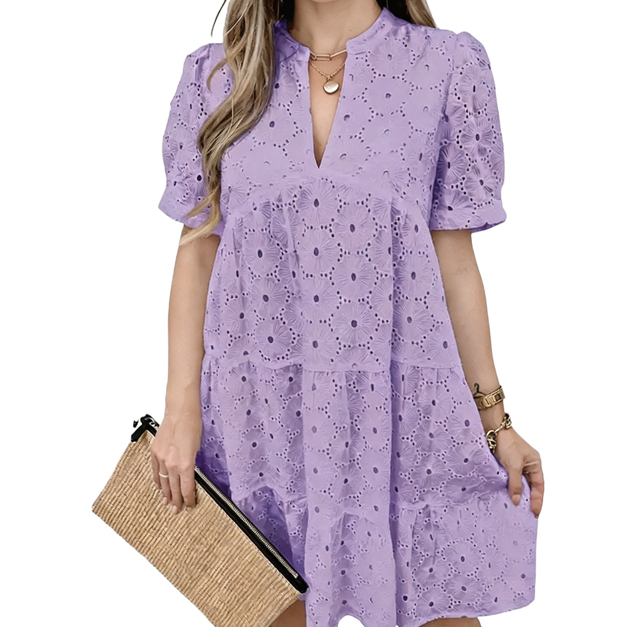 Women's Summer Lace Dresses Eyelet Casual Flowy Babydoll Swing Short Sleeve V Neck Tunic Dress