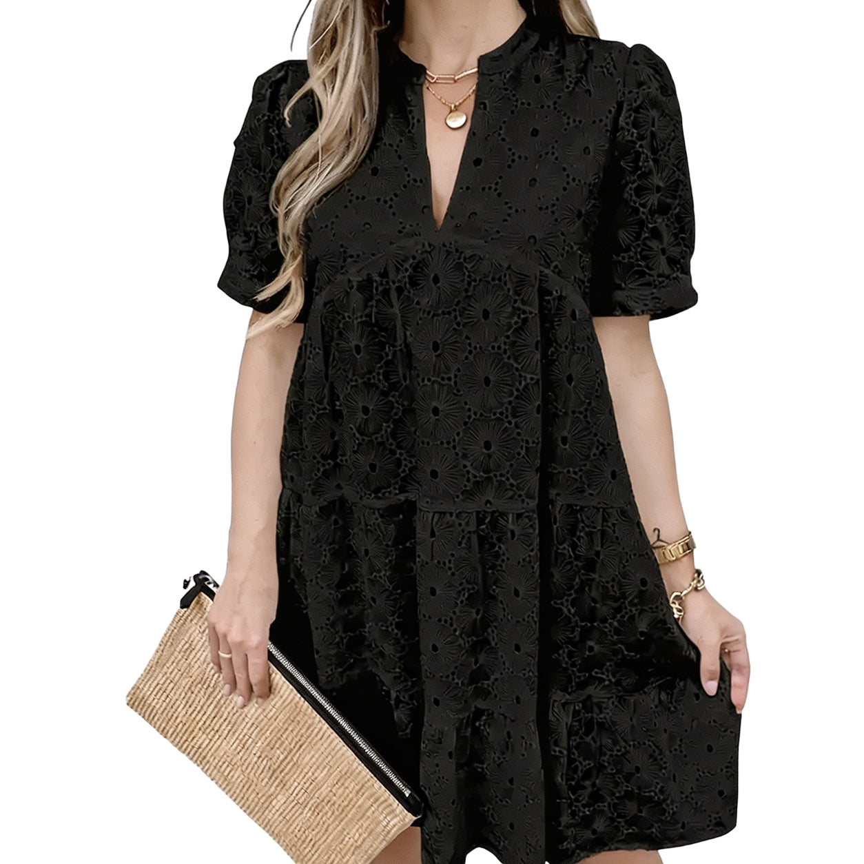 Women's Summer Lace Dresses Eyelet Casual Flowy Babydoll Swing Short Sleeve V Neck Tunic Dress