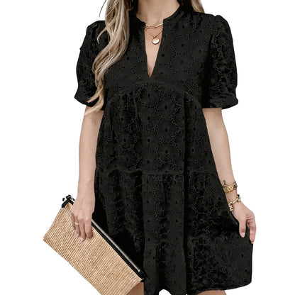 Women's Summer Lace Dresses Eyelet Casual Flowy Babydoll Swing Short Sleeve V Neck Tunic Dress