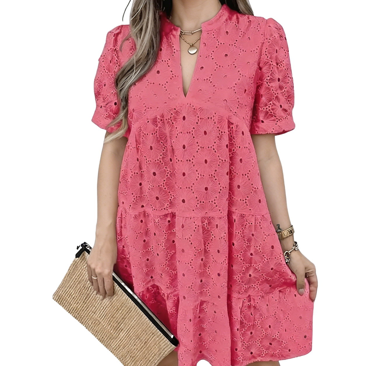 Women's Summer Lace Dresses Eyelet Casual Flowy Babydoll Swing Short Sleeve V Neck Tunic Dress