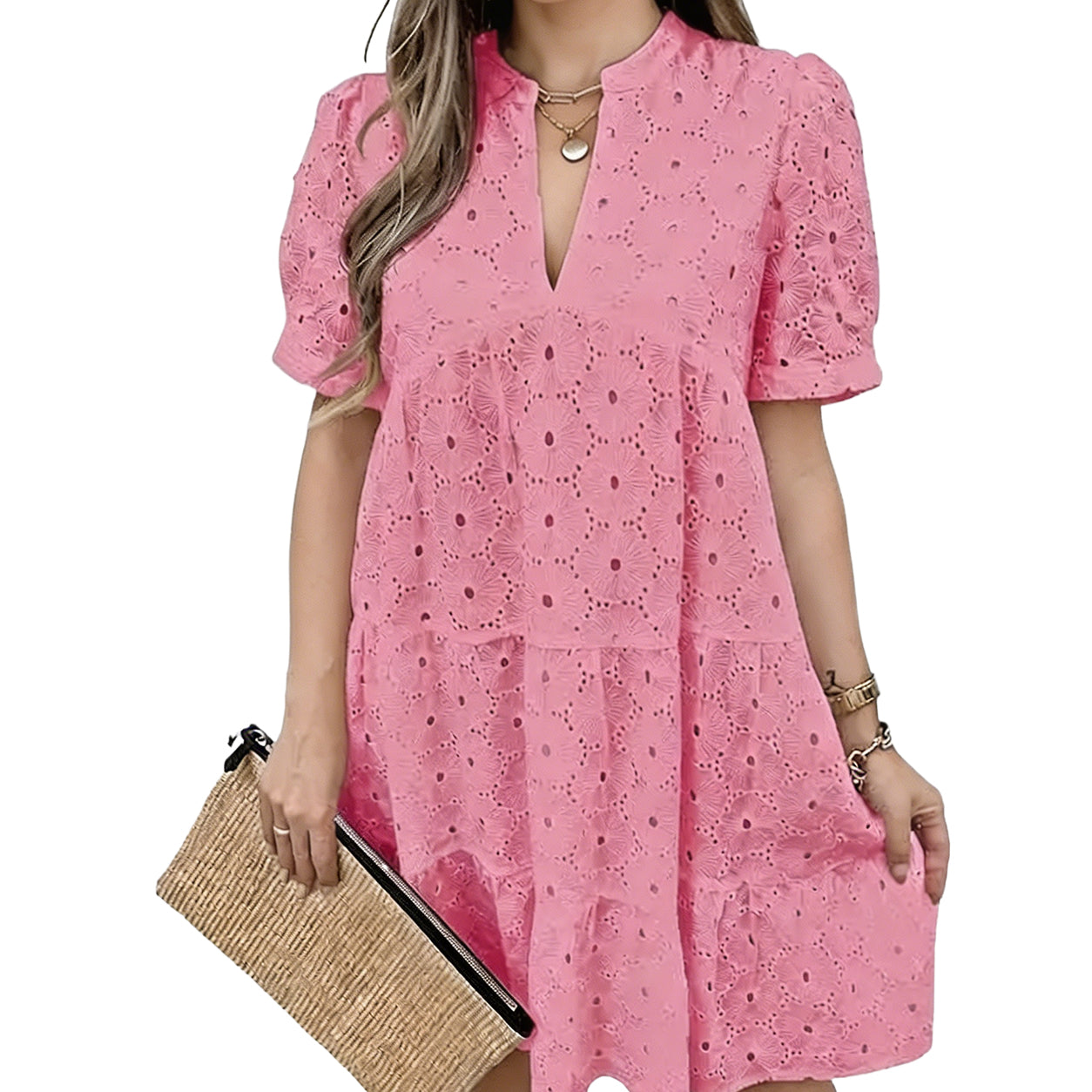 Women's Summer Lace Dresses Eyelet Casual Flowy Babydoll Swing Short Sleeve V Neck Tunic Dress