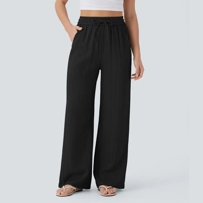 High Waisted Drawstring Pocket Wide Leg Baggy Casual Linen-Feel Pants