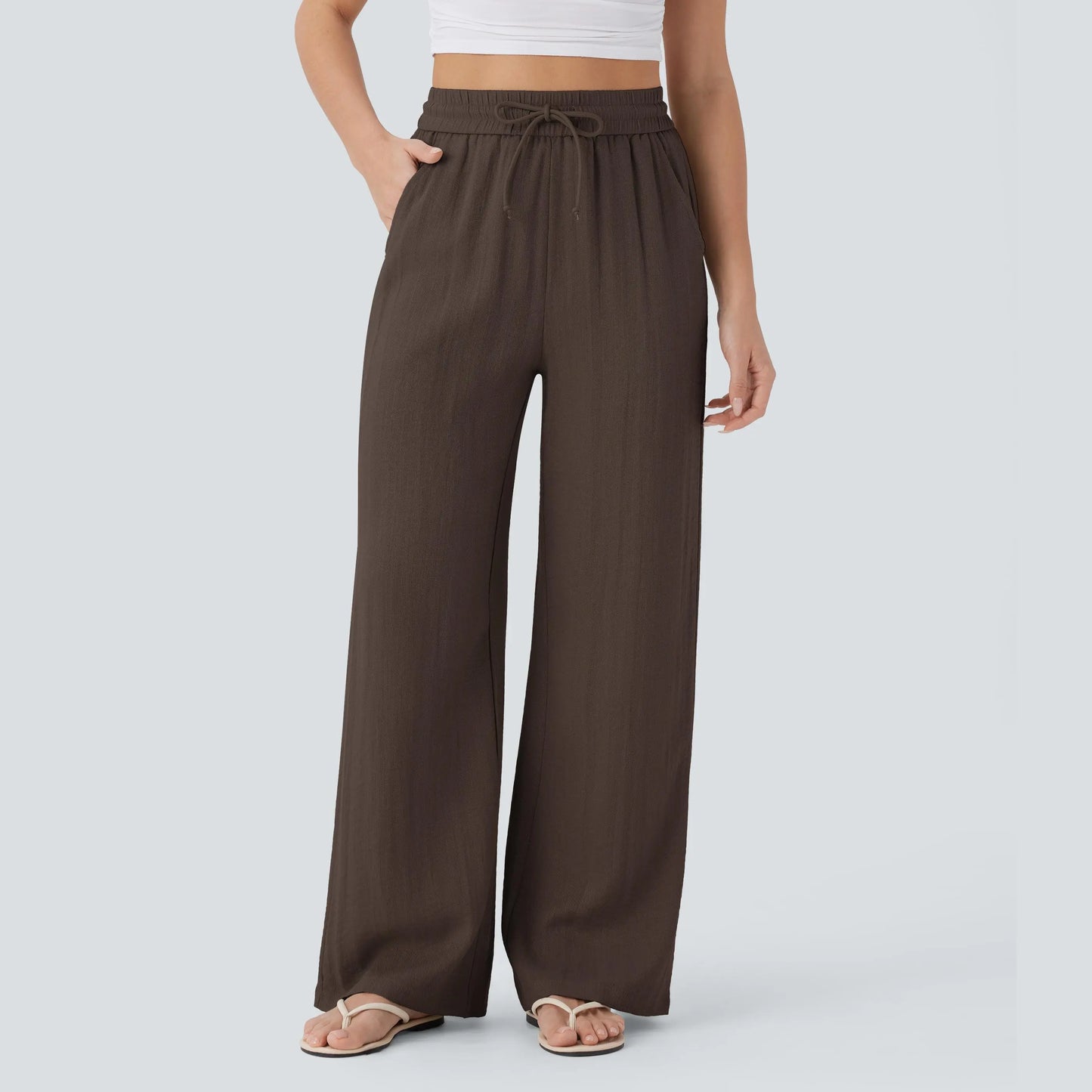 High Waisted Drawstring Pocket Wide Leg Baggy Casual Linen-Feel Pants