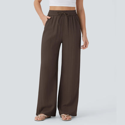 High Waisted Drawstring Pocket Wide Leg Baggy Casual Linen-Feel Pants