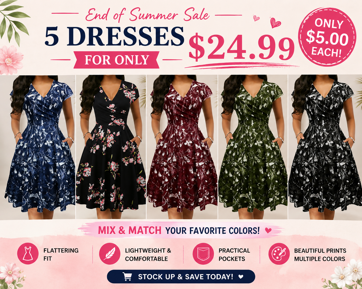 Women's Elegant Printed Dress with Pockets