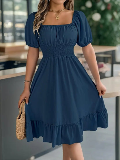 Solid Color Shirred Puff Sleeve A-Line Dress – Square Neck Ruffle Hem Summer Midi Dress for Women