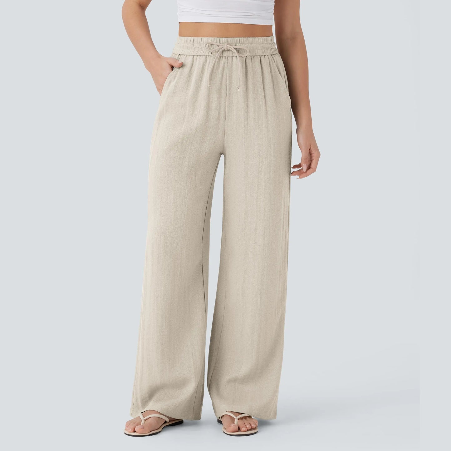 High Waisted Drawstring Pocket Wide Leg Baggy Casual Linen-Feel Pants