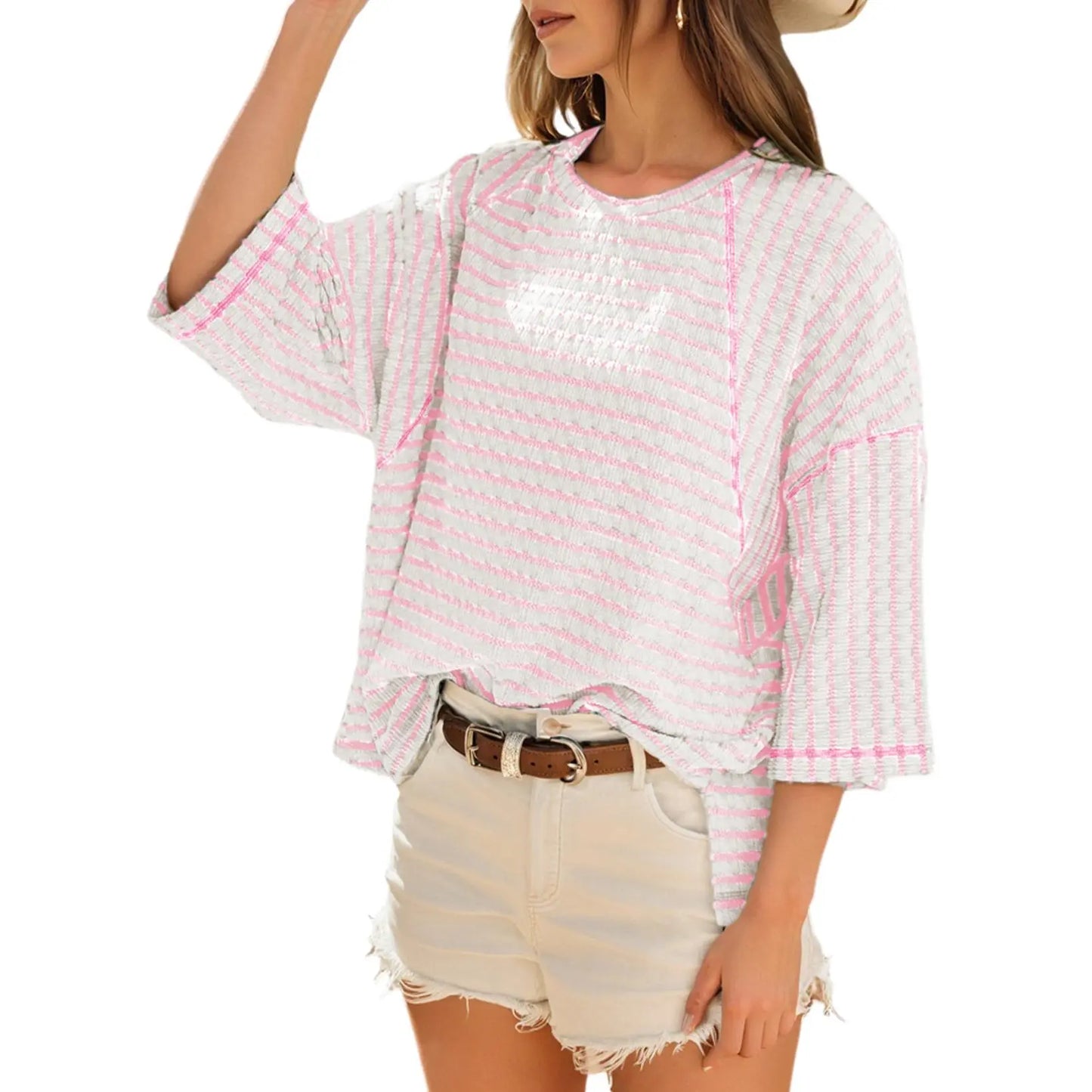 Women's Oversized Striped Color Block Tee – Soft Summer Short Sleeve Casual Top