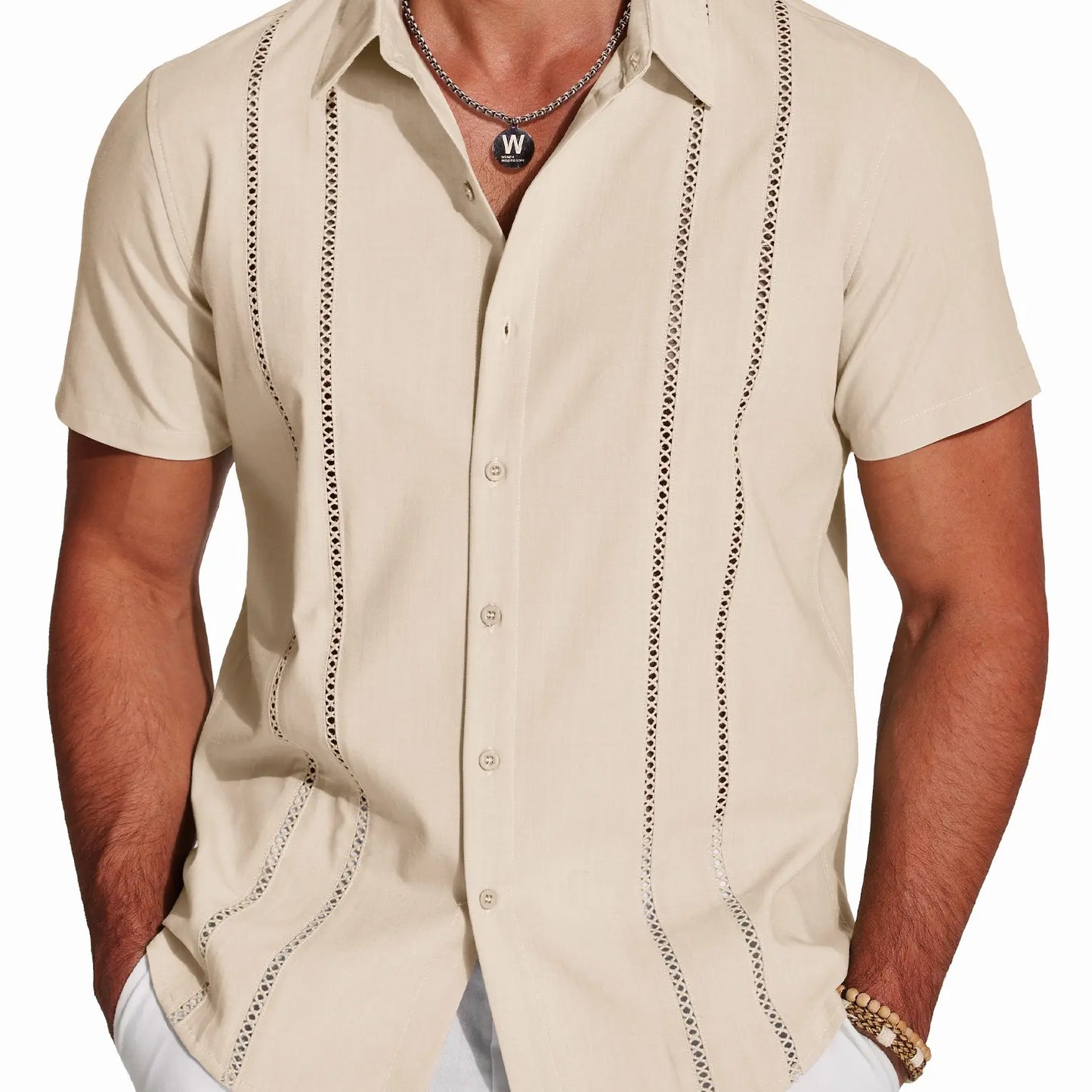 Men's Cuban Guayabera Shirt, Short Sleeve Linen Blend Button Down Summer Shirt, Lightweight Breathable Casual Beach & Vacation Wear