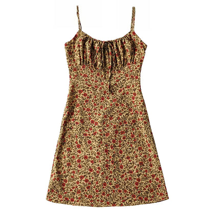 Women's Floral Slip Dress – Square Neck Spaghetti Strap Bodycon Sundress with Adjustable Straps, Tie Front, Y2K Summer Casual Dress
