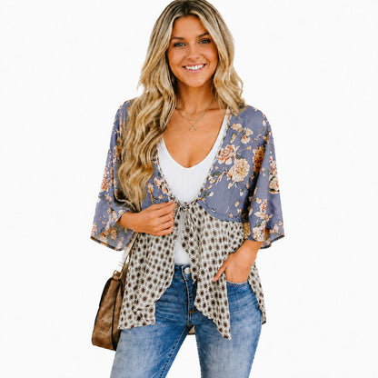 🔥5K+SOLD! | Women's Floral Kimono Cardigan 🌸 Flowy 3/4 Sleeve Tie Front Beach Cover Up Top