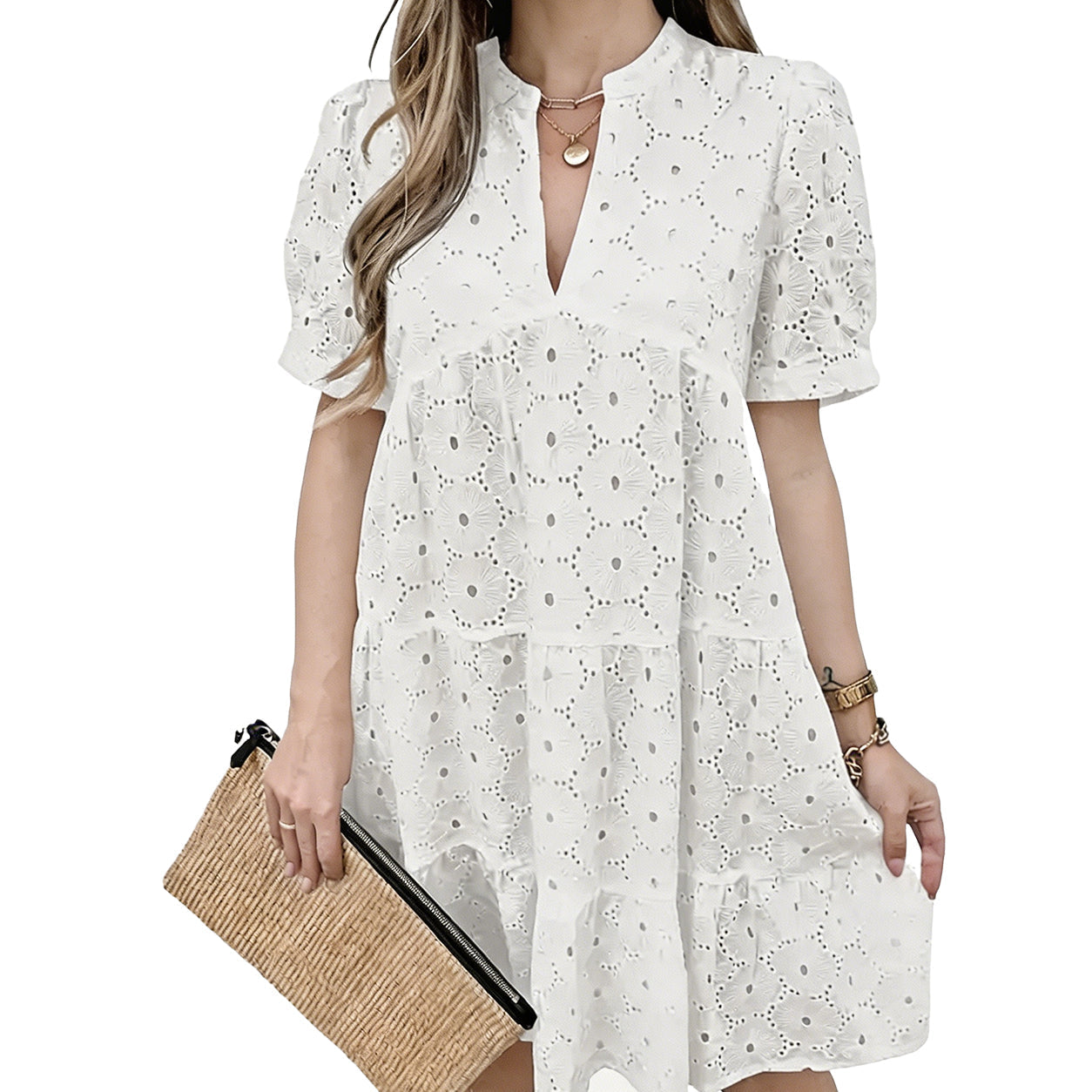 Women's Summer Lace Dresses Eyelet Casual Flowy Babydoll Swing Short Sleeve V Neck Tunic Dress