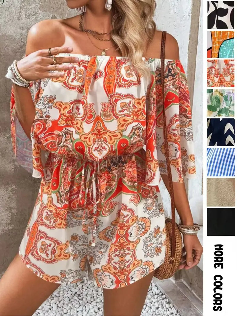Boho Off Shoulder Romper for Women | Adjustable Tie Waist | Lightweight Summer Beach Vacation Jumpsuit